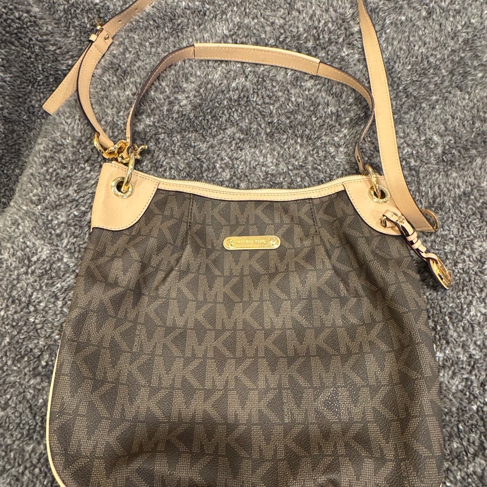 Michael Kors Brown and Tan Shoulder Bag with Monogram Print